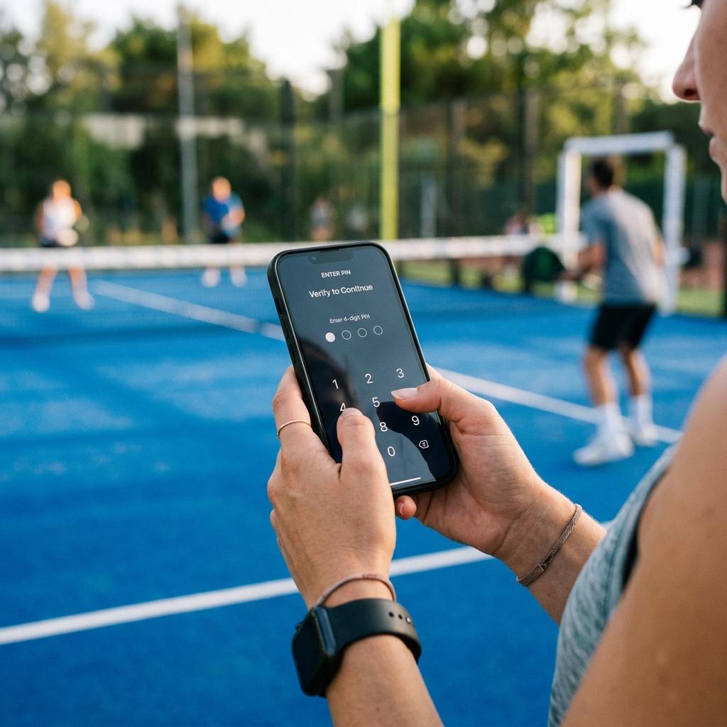 Player entering 4 digit pin on smartphone outdoor court background