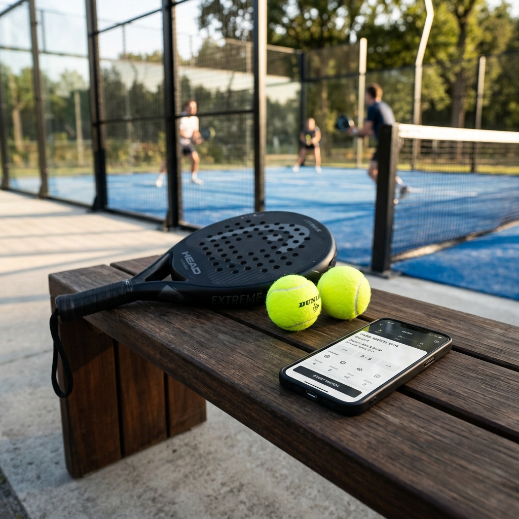 Head padel racket and phone rest on wooden court bench in sun